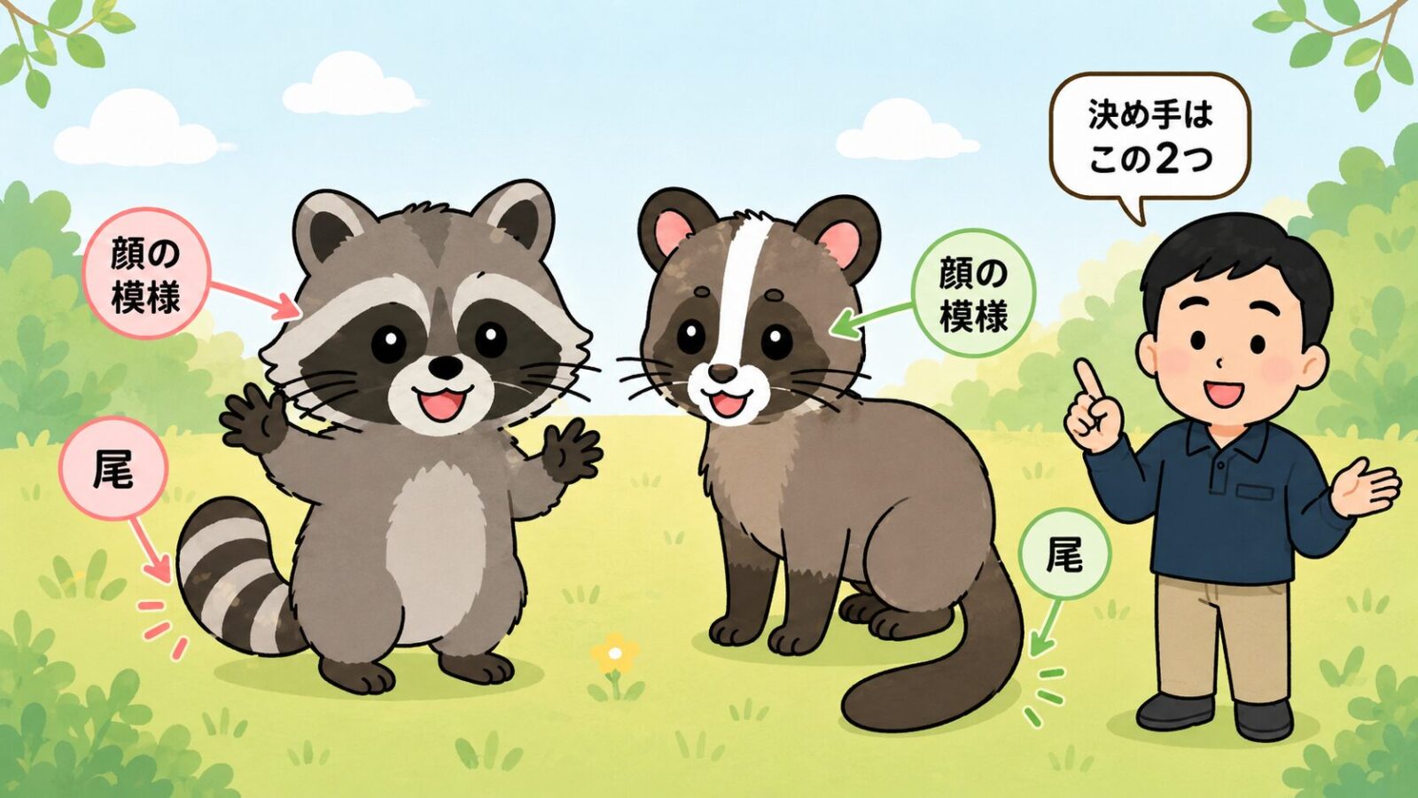 アライグマとハクビシンの違いと見分けの決め手を示す図。アライグマ(目の周りが黒いマスク模様・尾にしま模様・前足が器用)とハクビシン(額から鼻すじに白い縦線・尾はしまなしで長い)を左右に並べ、顔と尾で見分けるポイントを守谷タクミが解説するいらすとや風イラスト。