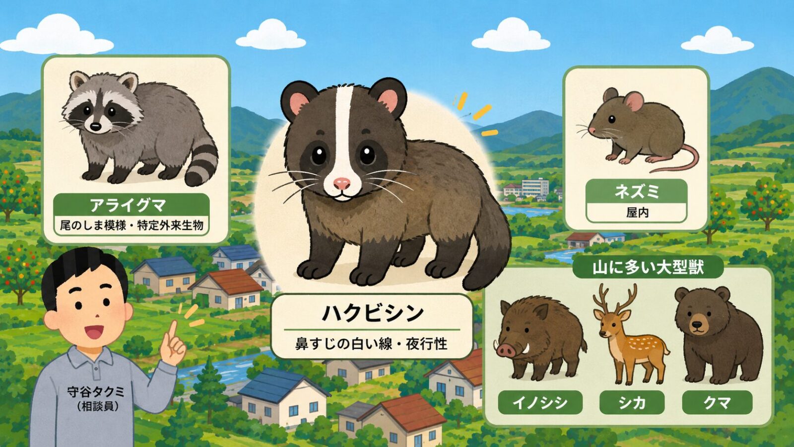 ハクビシンの見分け方と那須塩原市で多い害獣を示す図。ハクビシン（鼻すじの白い線・夜行性・屋根裏に侵入）を中心に、アライグマ（特定外来生物）・ネズミ（屋内）・山地で注意するイノシシやシカやクマを並べ、守谷タクミが見分け方を解説するいらすとや風イラスト。