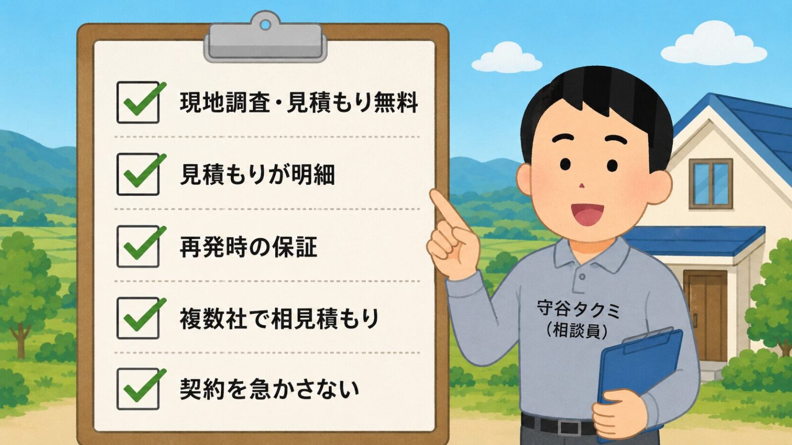 那須塩原市のハクビシン駆除で失敗しない業者選び5つのチェックポイントを示す図。現地調査見積もり無料・見積もりが明細・再発時の保証・複数社で相見積もり・契約を急かさないの5項目をチェックリストで並べ、急かす業者は冷静に比較できずトラブルになりやすいと守谷タクミが添えるいらすとや風イラスト。
