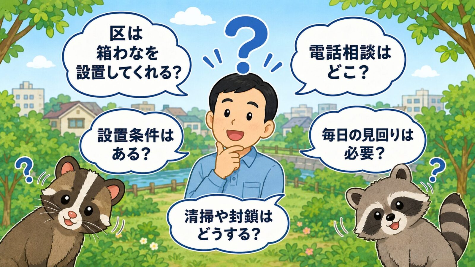 杉並区のハクビシン駆除でよくある質問を吹き出しで整理したいらすとや風イラスト