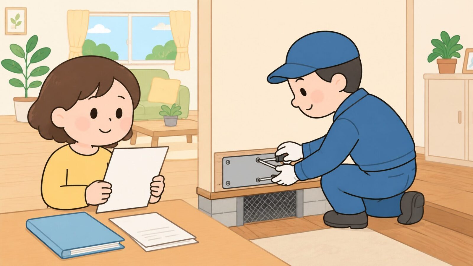 持ち家の床下の通気口に、作業着の人が金属の板を取り付けて侵入口を封鎖し、横で住人が契約書を確認しているいらすとや風イラスト。中古購入・持ち家でネズミが出たときの封鎖と再生を示すH2見出し画像。
