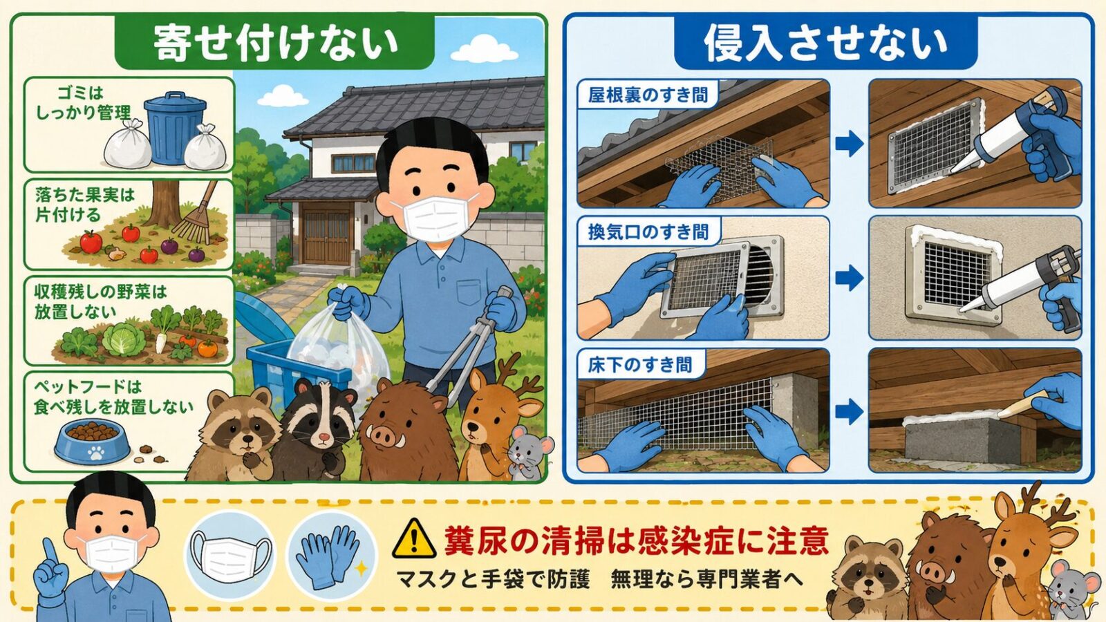 栃木市の害獣被害を予防するために、寄せ付けない対策と侵入させない対策を住宅まわりで示した図解