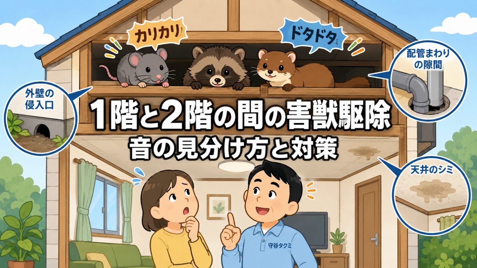 1階と2階の間の害獣駆除と音の見分け方を表したイラスト。住宅の断面図で、1階と2階の間の空間からカリカリ・ドタドタという音が響き、ネズミやハクビシン、イタチなどの動物がのぞいている。外壁の侵入口、配管まわりの隙間、天井のシミという3つのチェックポイントを拡大表示し、天井を見上げて不安がる女性に守谷タクミが対処の流れを案内している。