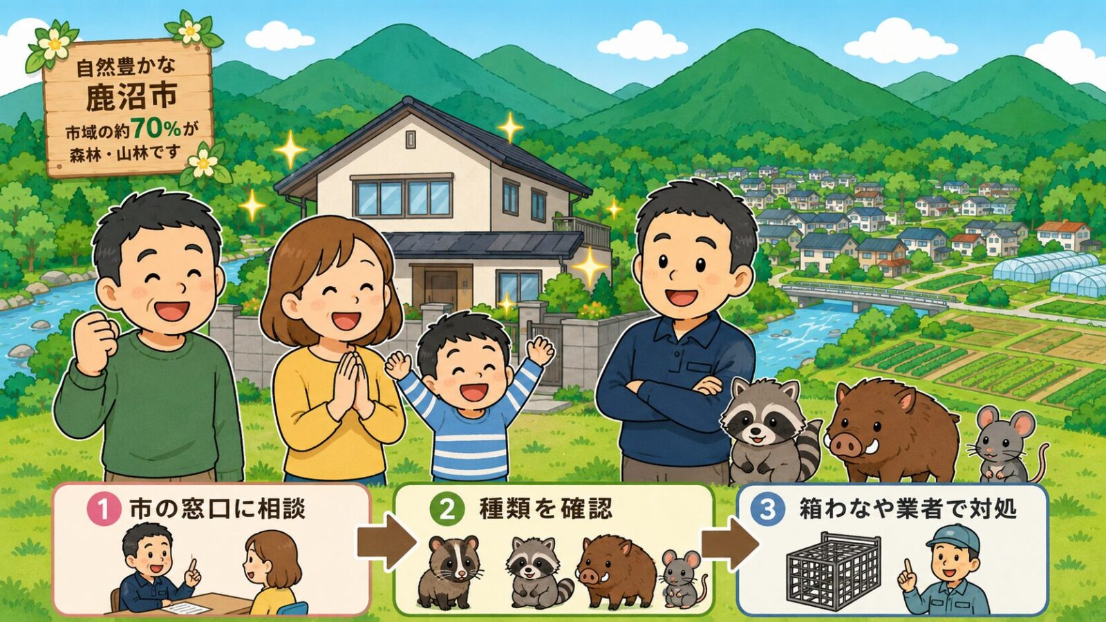 鹿沼市の害獣駆除のまとめ図。市の窓口に相談・害獣の種類を確認・ハクビシンやアライグマは箱わなを借りて捕獲・足りない作業は業者を比較の流れと、費用は参考相場で現地調査で変動・急がず複数社を比較という注意を、被害が解決して安心する家族とともに守谷タクミが示すいらすとや風イラスト。