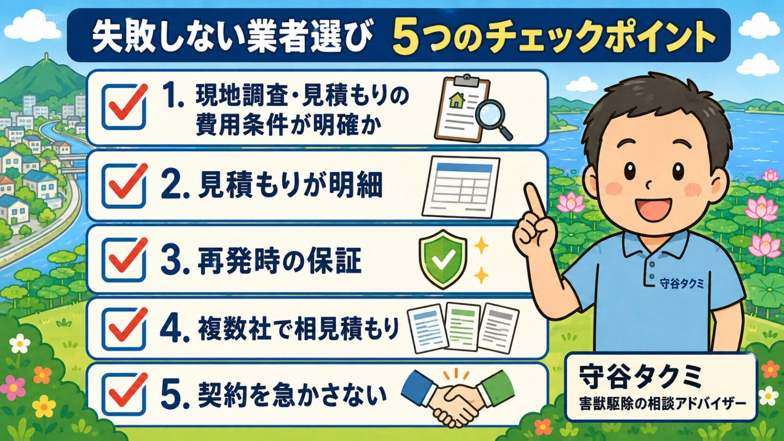 土浦市の害獣駆除で失敗しない業者選び5つのチェックポイントを示す図。現地調査・見積もりの費用条件が明確か・見積もりが明細・再発時の保証・複数社で相見積もり・契約を急かさないの5項目をチェックリストで並べ、急かす業者は冷静に比較できずトラブルになりやすいと守谷タクミが添えるいらすとや風イラスト。