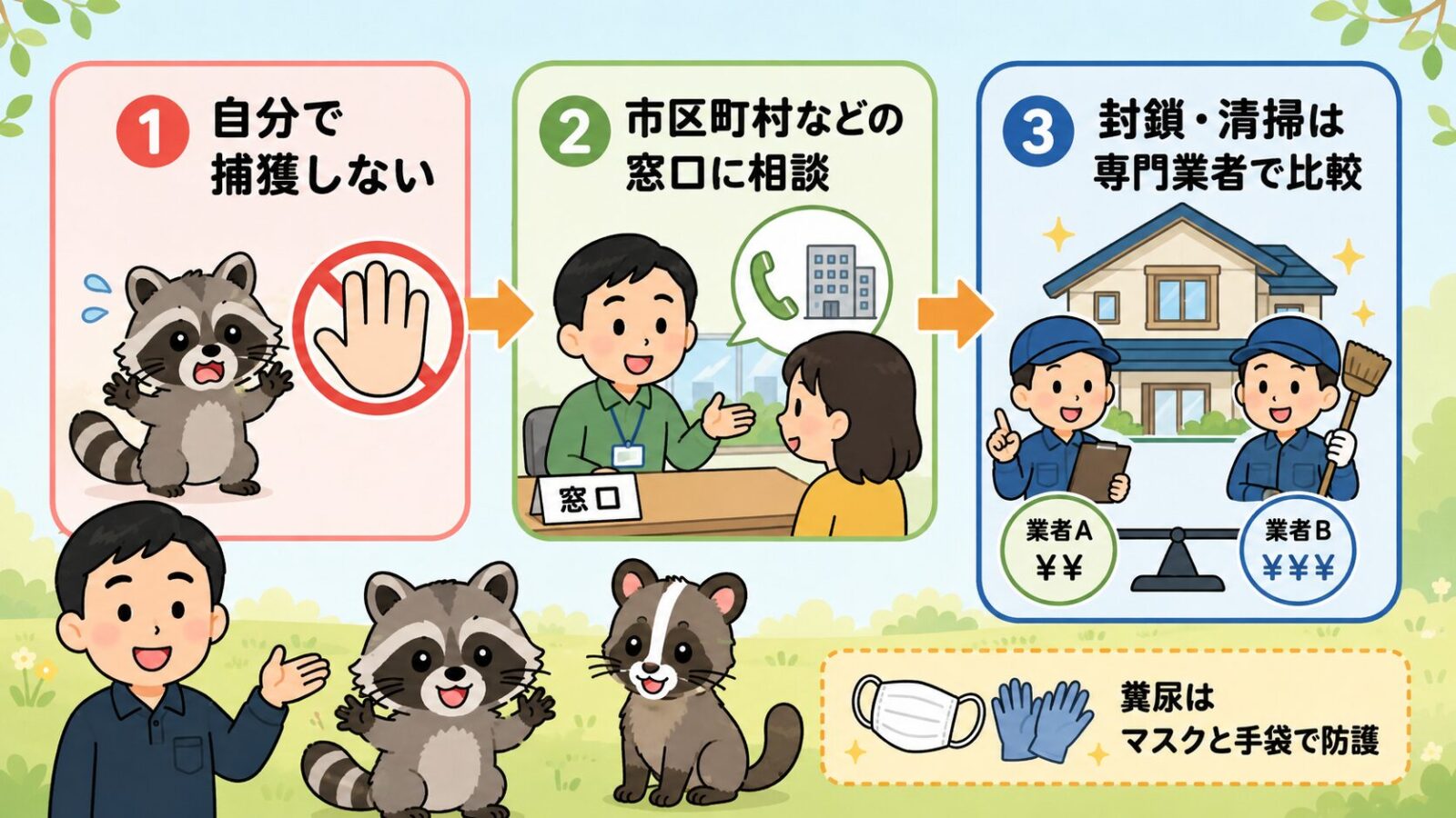 アライグマかハクビシンか見分けがついた後の共通の対処を示す図。自分で捕獲しない・市区町村などの窓口に相談・侵入口の封鎖や糞尿の清掃消毒は専門業者に依頼するという流れと、糞尿は感染症に注意し防護のうえで扱うことを守谷タクミが案内するいらすとや風イラスト。
