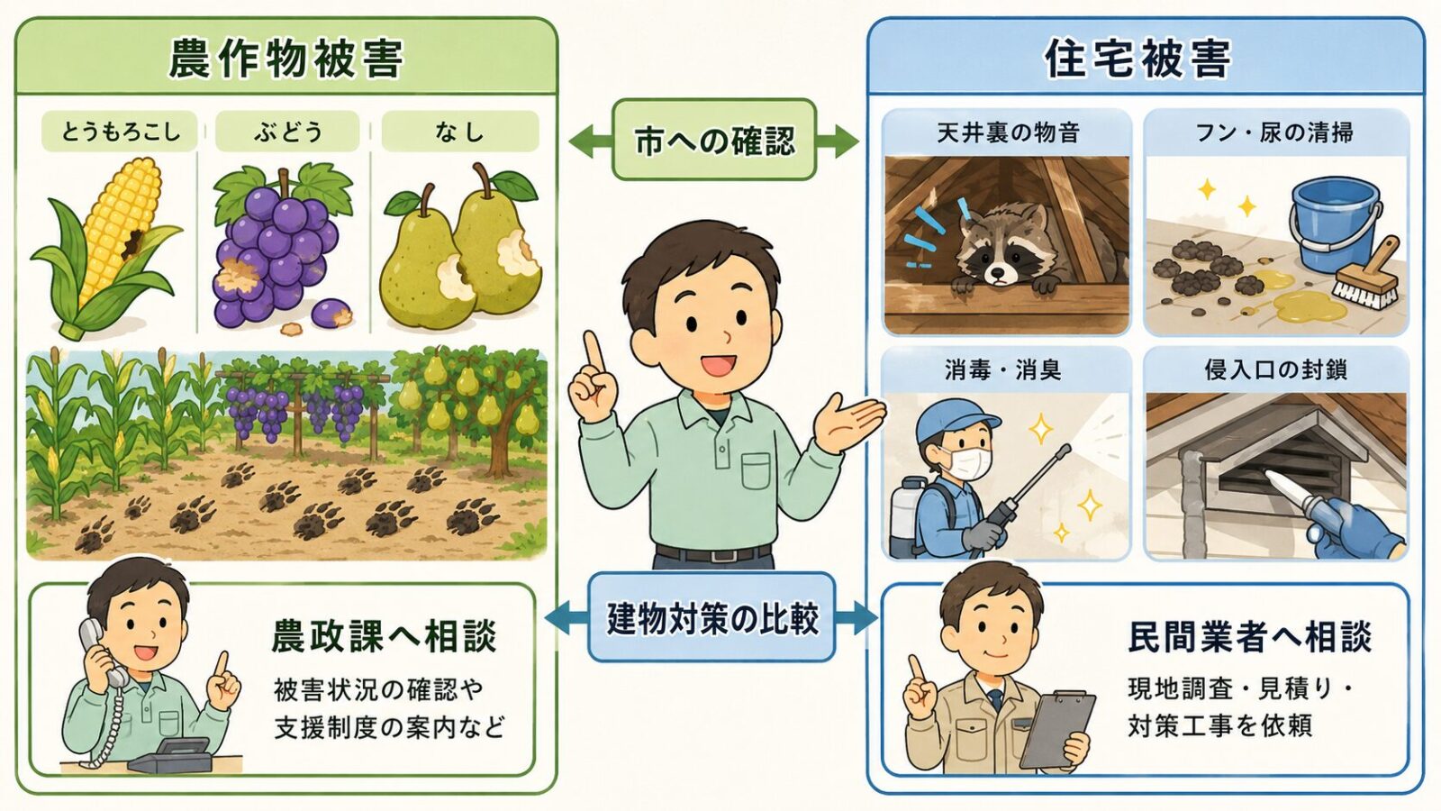 結城市の農作物被害と住宅被害で、農政課への相談と民間業者による建物対策の違いを比較した図解
