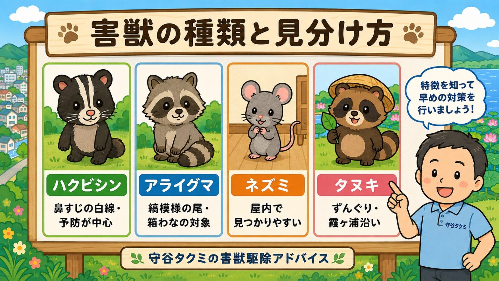 土浦市で見られる害獣を整理した図。ハクビシン（特定外来生物ではなく予防が中心）・アライグマ（特定外来生物で箱わな貸出の対象）、住宅内で注意したいネズミ、霞ヶ浦沿いや緑地で見られるタヌキを守谷タクミが解説するいらすとや風イラスト。