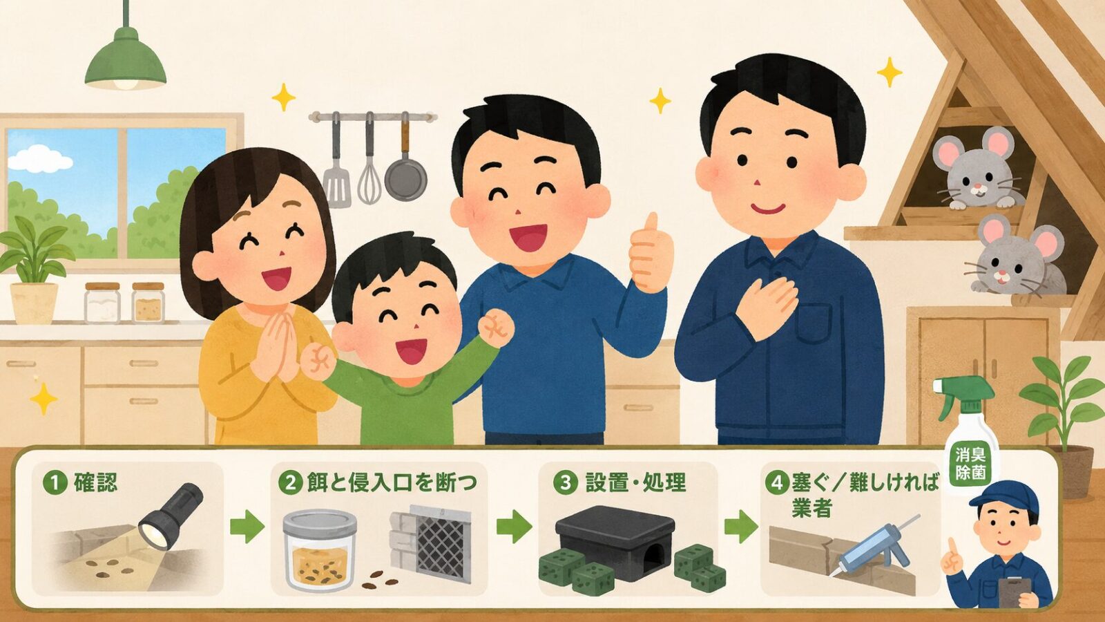 自分でのネズミ駆除のまとめ図。種類とラットサインを確認・餌と侵入口を断つ・通り道にグッズを設置・衛生的に処理・侵入口を塞ぐの流れと、市販品で難しいときは業者に切り替える判断を、ネズミがいなくなって安心する家族とともに守谷タクミが示すいらすとや風イラスト。