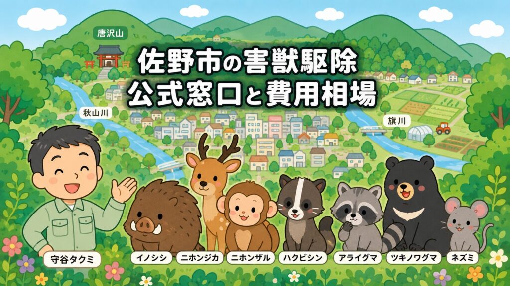 佐野市の害獣駆除について、農山村振興課への相談、捕獲許可、箱わな貸出、電気柵助成、費用相場を示したメインアイキャッチ画像