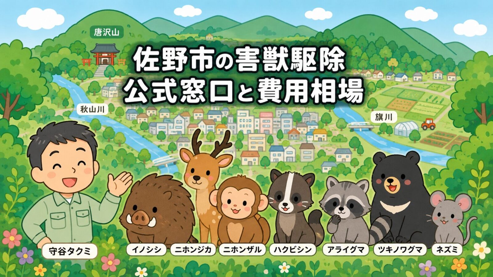 佐野市の害獣駆除について、農山村振興課への相談、捕獲許可、箱わな貸出、電気柵助成、費用相場を示したメインアイキャッチ画像