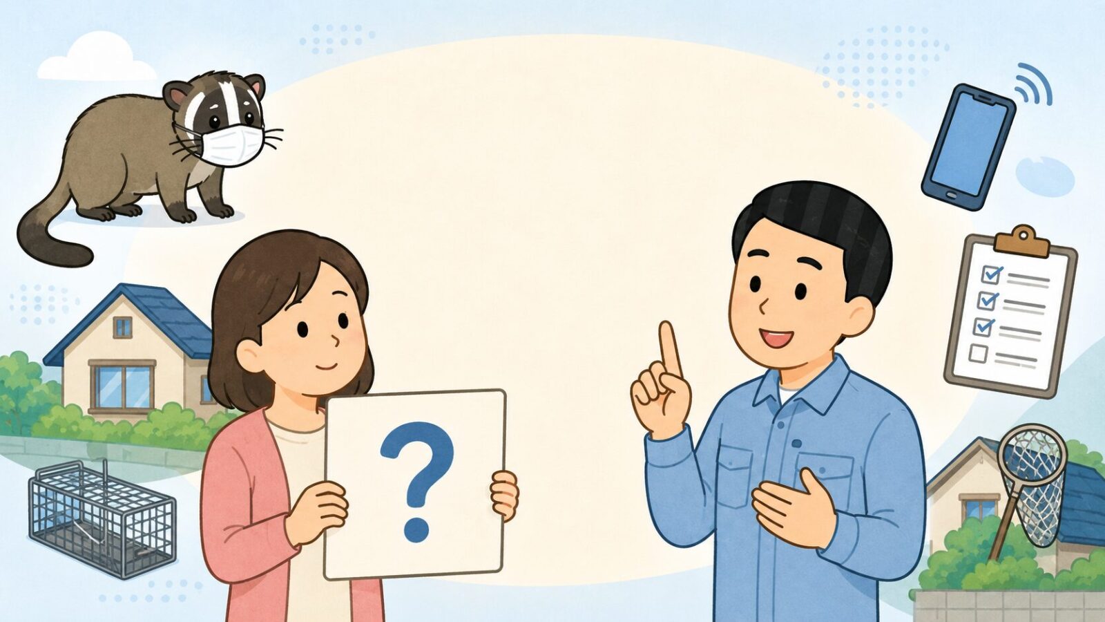 相模原市のハクビシン駆除でよくある質問に住民と守谷タクミが答える様子を描いたイラスト