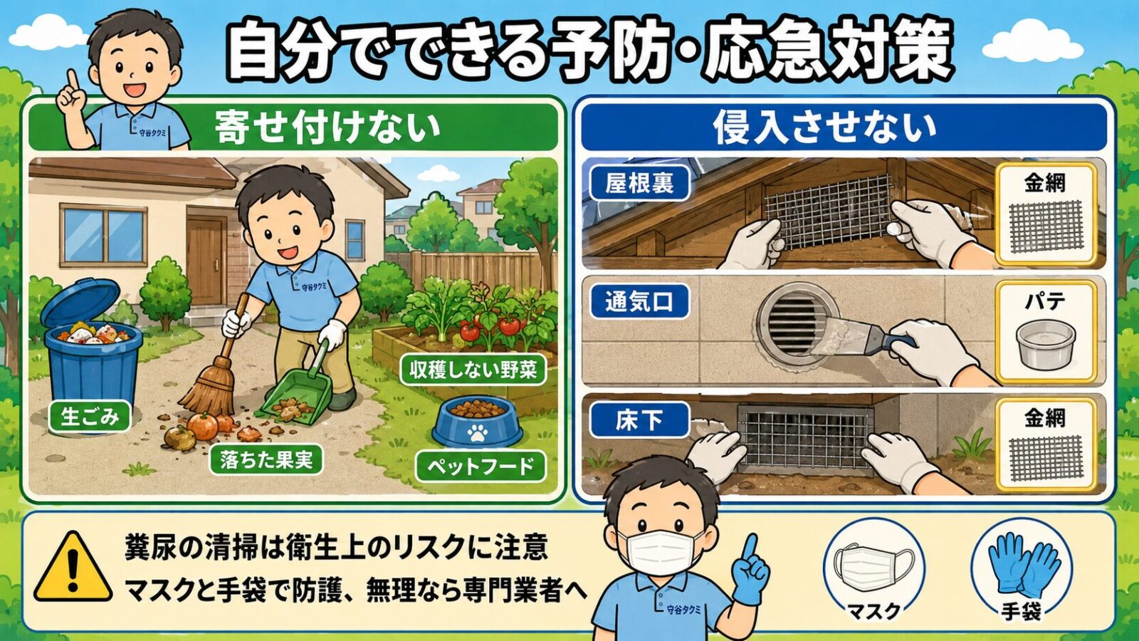 土浦市で自分でできる害獣の予防・応急対策を示す図。寄せ付けない（生ごみ・落ちた果実・収穫しない野菜・ペットフードを置かない）と侵入させない（屋根裏・通気口・床下のすき間を金網やパテで塞ぐ）の2本柱を守谷タクミが案内し、糞尿の清掃は衛生上のリスクに注意し防護のうえか専門業者へと添えるいらすとや風イラスト。