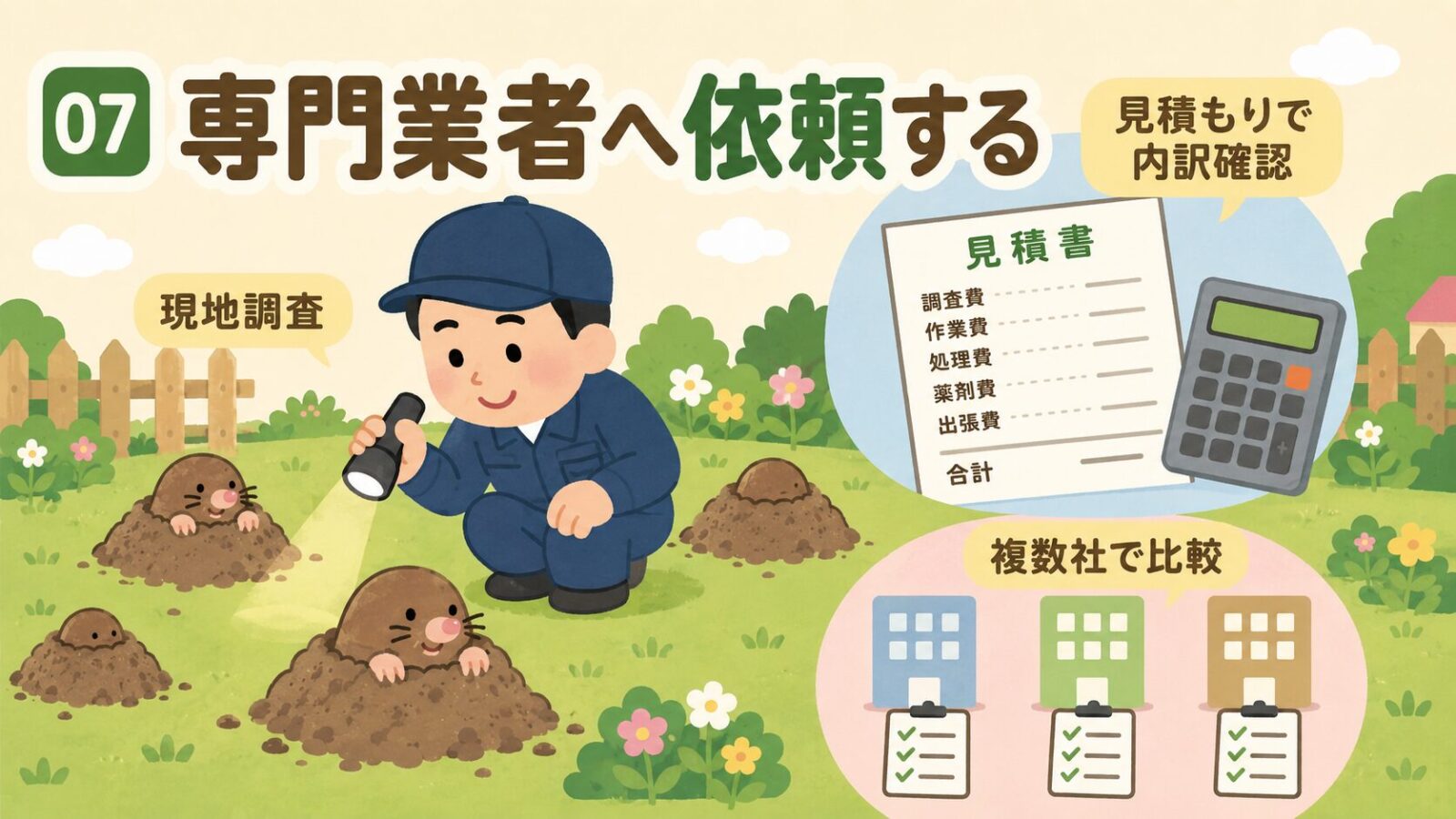 モグラ駆除を専門業者へ依頼する際のポイントを示すいらすとや風イラスト。モグラ塚が複数できた庭をライトで現地調査する作業員と、見積書の内訳・電卓を確認して複数社比較を促す構図。