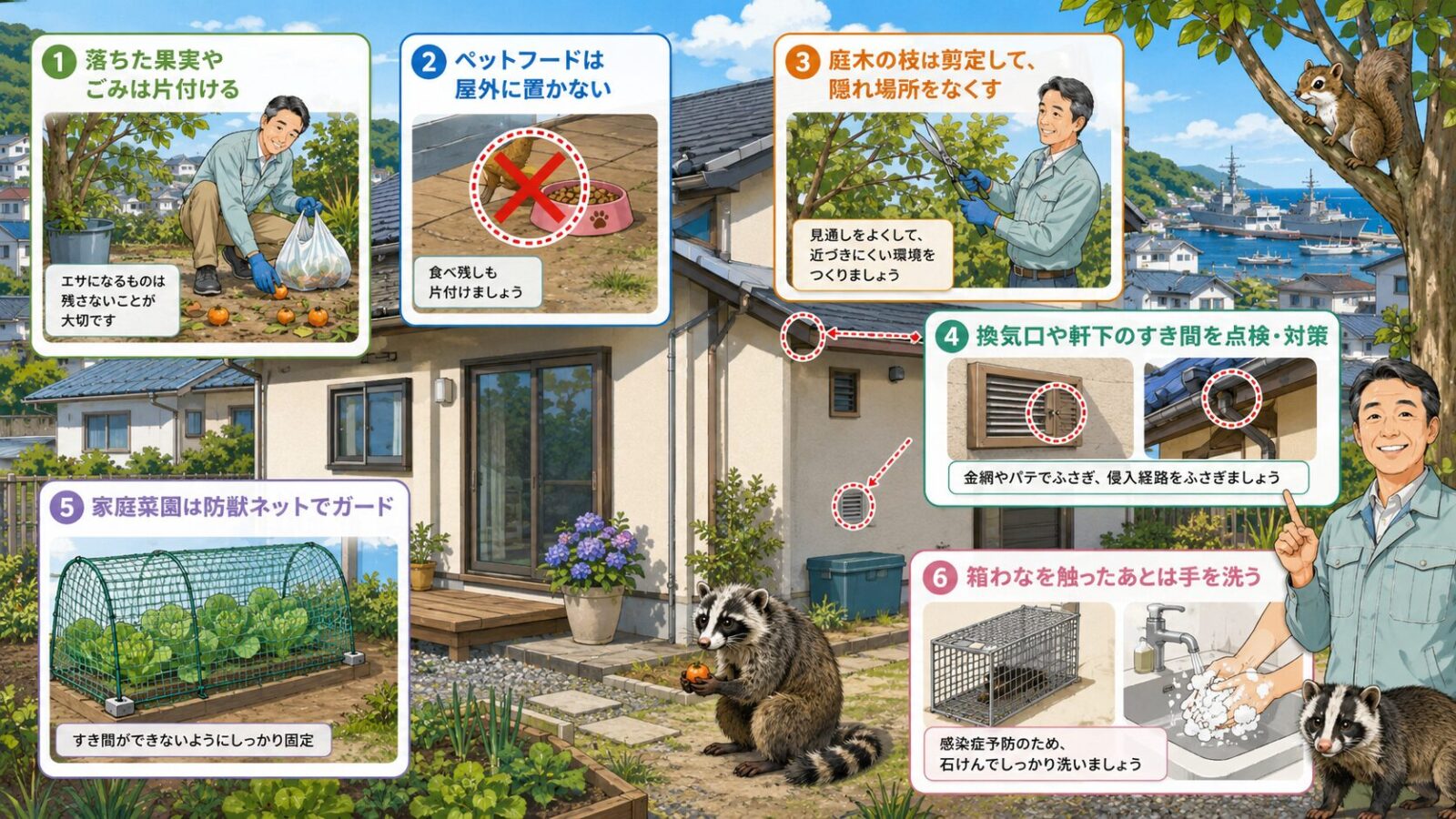 横須賀市の住宅で落果や生ごみの片付け、庭木剪定、換気口点検など自分でできるハクビシン予防策を描いたイラスト