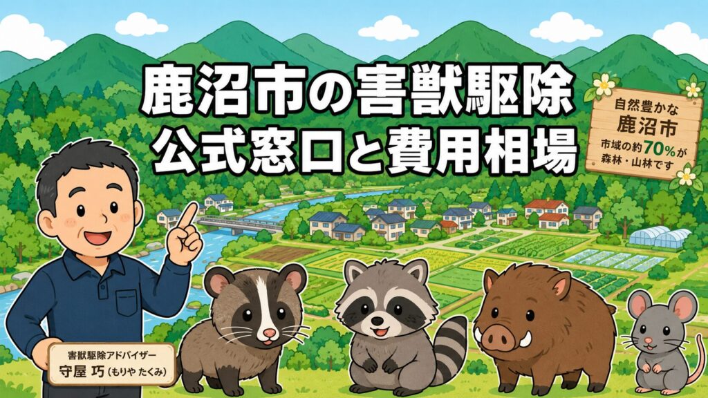 鹿沼市の害獣駆除ガイドのメインアイキャッチ。市域の約7割を占める森林・山地と黒川・思川沿いの平地を背景に、守谷タクミがハクビシン・アライグマ・イノシシ・ネズミのキュートなキャラクターとともに公式窓口と費用相場を案内するいらすとや風イラスト。