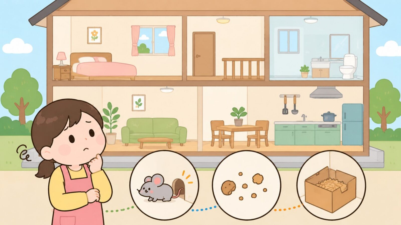 住宅の断面図を背景に、困った表情の住人と、ネズミが出る理由を示す「侵入口の穴・落ちた食べ物・段ボールの巣」の3つのアイコンを並べたいらすとや風イラスト。ネズミが出るのは対処できる理由があるからだと示すH2見出し画像。