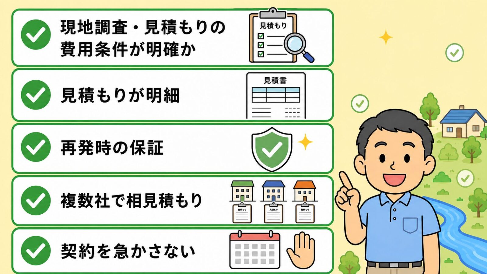古河市の害獣駆除で失敗しない業者選び5つのチェックポイントを示す図。現地調査・見積もりの費用条件が明確か・見積もりが明細・再発時の保証・複数社で相見積もり・契約を急かさないの5項目をチェックリストで並べ、急かす業者は冷静に比較できずトラブルになりやすいと守谷タクミが添えるいらすとや風イラスト。