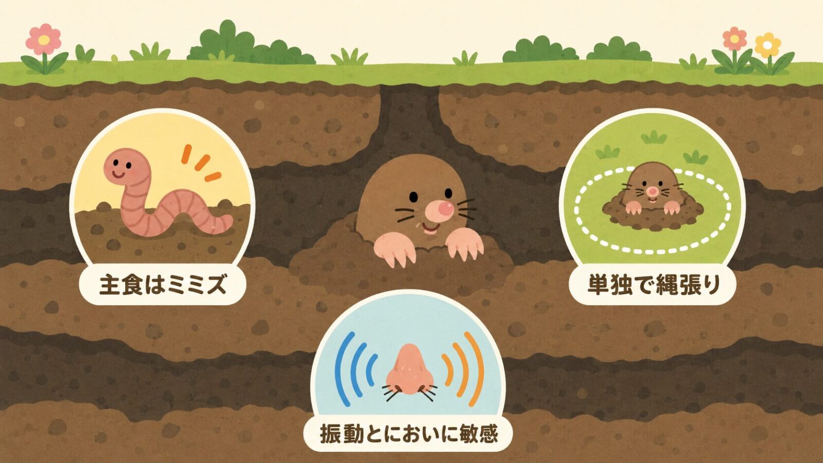 モグラの3つの習性を土の断面図で示すいらすとや風イラスト。地中のかわいいモグラの周りに、主食のミミズ、単独で使う縄張り、振動とにおいに敏感という3つの特徴をアイコンとラベルで表現。