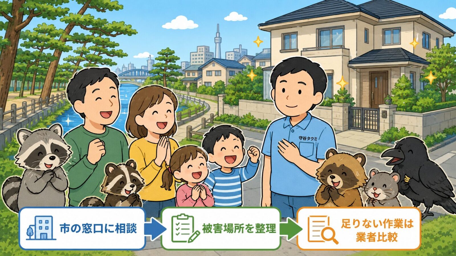 草加市の害獣駆除で市の窓口に相談し、被害場所を整理し、足りない作業は業者比較する流れを示したまとめ画像。