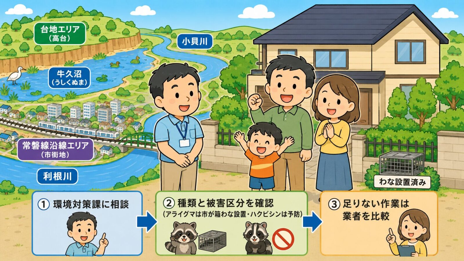 取手市の害獣駆除のまとめ図。環境対策課に相談・アライグマは市が箱わなを設置・ハクビシンやタヌキは市は捕獲せず予防が中心・足りない作業は業者を比較の流れと、費用は参考相場で現地調査で変動・急がず複数社を比較という注意を、被害が解決して安心する家族とともに守谷タクミが示すいらすとや風イラスト。