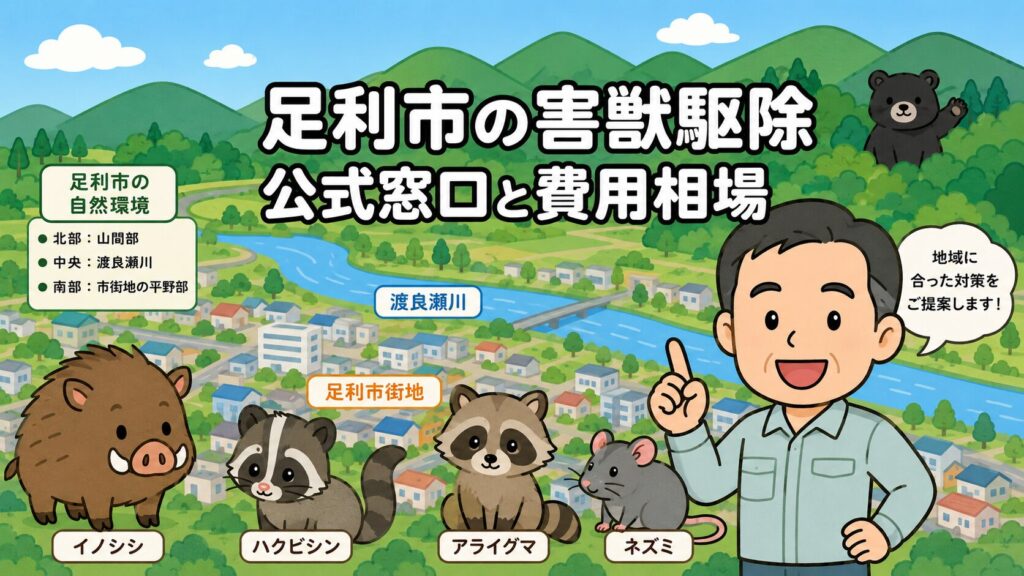 足利市の害獣駆除ガイドのメインアイキャッチ。栃木県足利市の渡良瀬川と南の市街地・北の山地を背景に、守谷タクミがイノシシ・ハクビシン・アライグマ・ネズミのキュートなキャラクターとともに公式窓口と費用相場を案内するいらすとや風イラスト。
