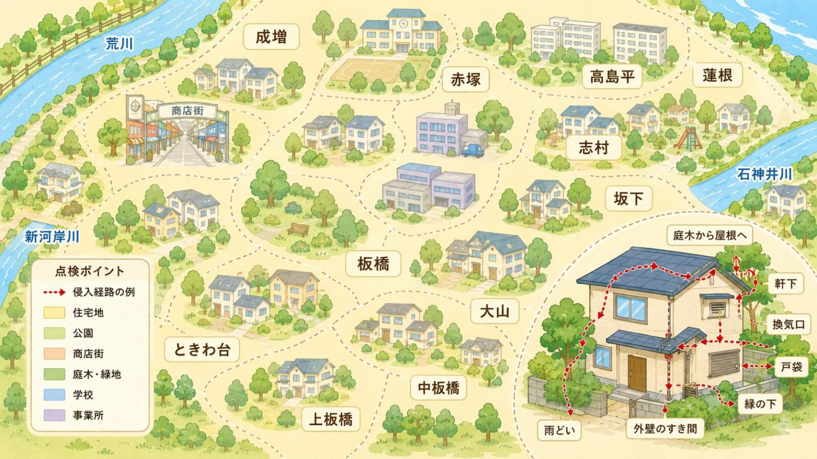 板橋区の地域特性とハクビシンの侵入経路を示す模式マップ