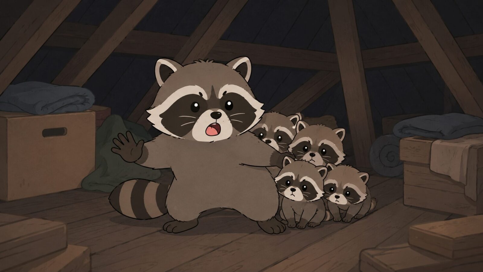 暗い屋根裏で、子アライグマたちを背後にかばいながら片手を上げて警戒する母アライグマのいらすとや風イラスト。アライグマの威嚇が攻撃ではなく、子育て中の警戒や防御から起こることを表すH2見出し画像。