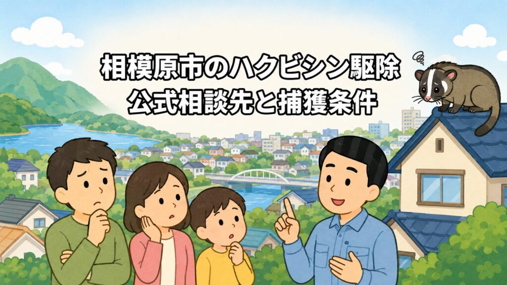 相模原市のハクビシン駆除を相談する住民と守谷タクミを描いたアイキャッチ画像
