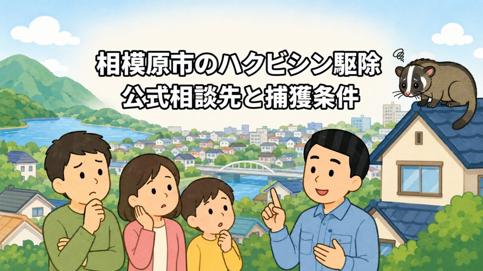 相模原市のハクビシン駆除を相談する住民と守谷タクミを描いたアイキャッチ画像