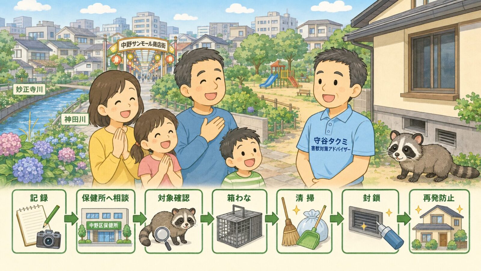 中野区のハクビシン被害が解決して安心した家族と守谷タクミを描いたまとめ画像