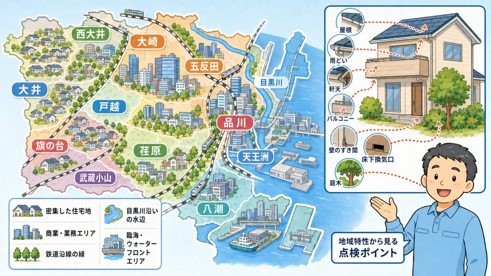 品川区の地域特性とハクビシンの侵入経路を示す模式マップ