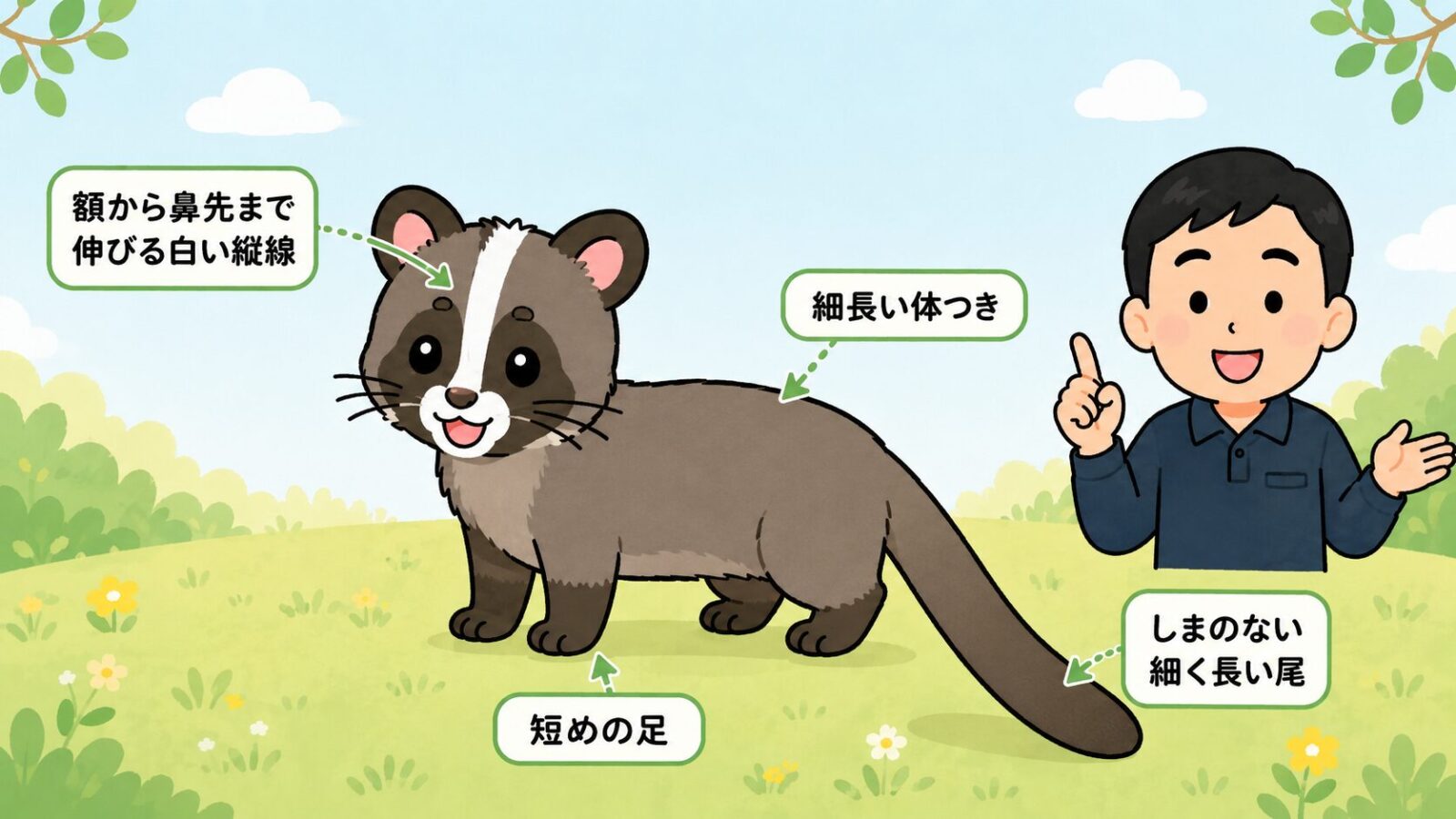ハクビシンの特徴と見分けポイントを示す図。額から鼻すじにかけて伸びる1本の白い縦線・しまのない長い尾・短めの足・細長い体つきを矢印で示し、夜行性で屋根裏に侵入し糞尿被害を起こすことを守谷タクミが解説するいらすとや風イラスト。