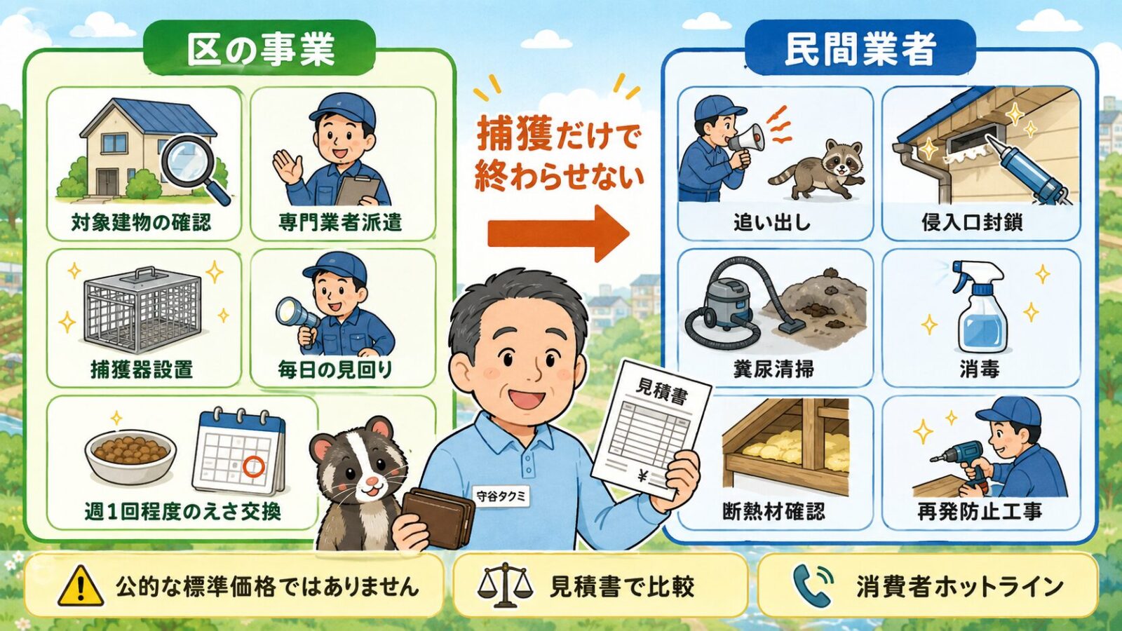 世田谷区の捕獲器設置と民間業者による侵入口封鎖、糞尿清掃、消毒、再発防止の役割分担を示す図解