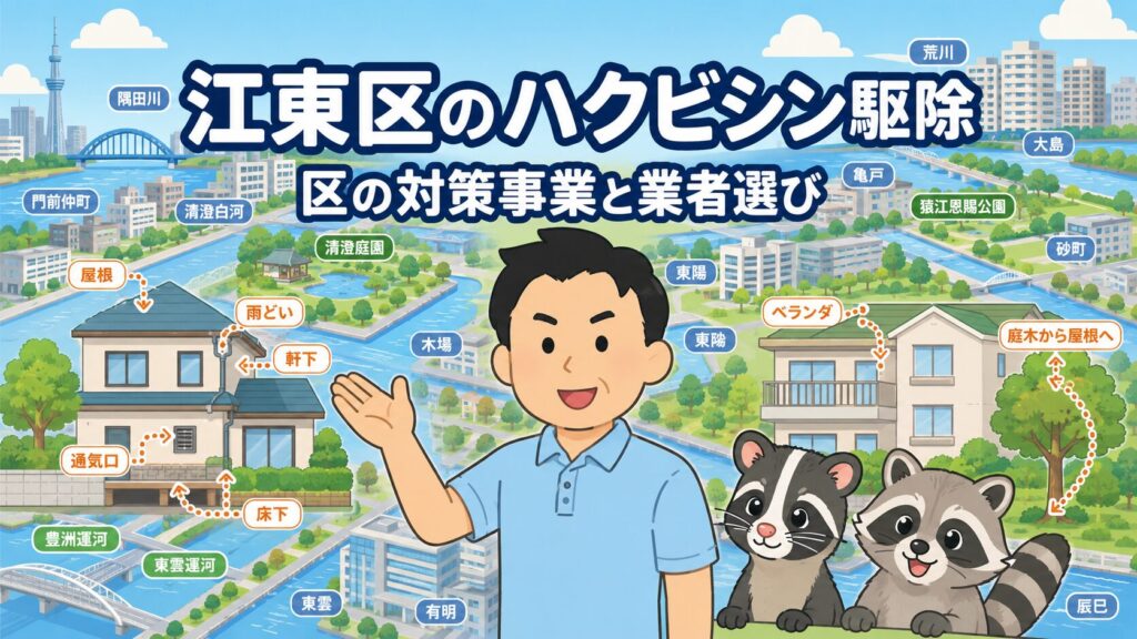 江東区の住宅地と河川・運河を背景に守谷タクミとハクビシンを描いたアイキャッチ画像