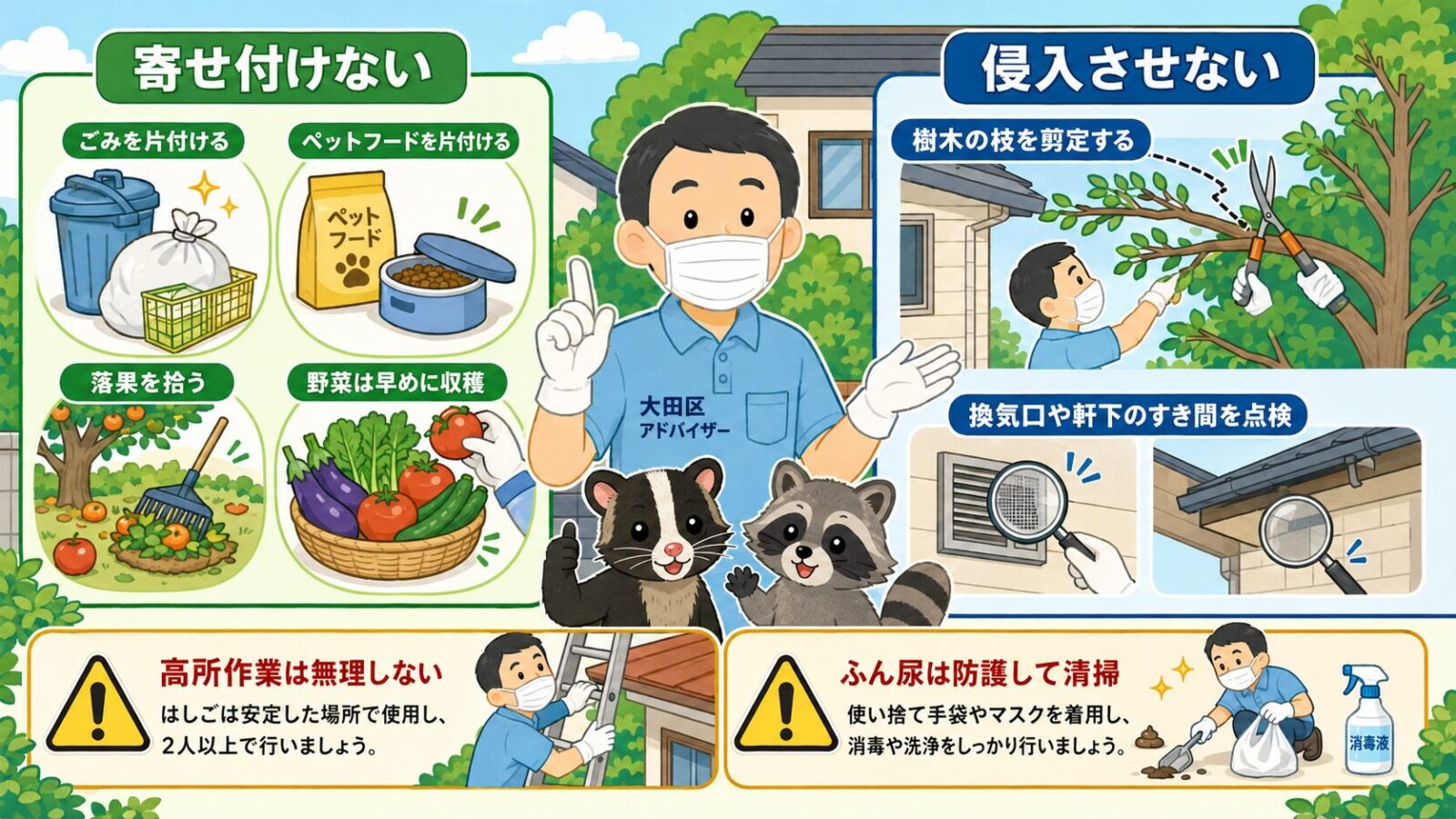 ハクビシンを寄せ付けない予防と侵入させない応急対策を示す住宅外回りのいらすとや風イラスト