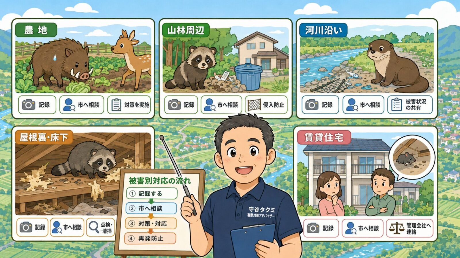 農地、山林周辺、河川沿い、屋根裏床下、賃貸住宅で被害別の対応が変わることを示した図解。