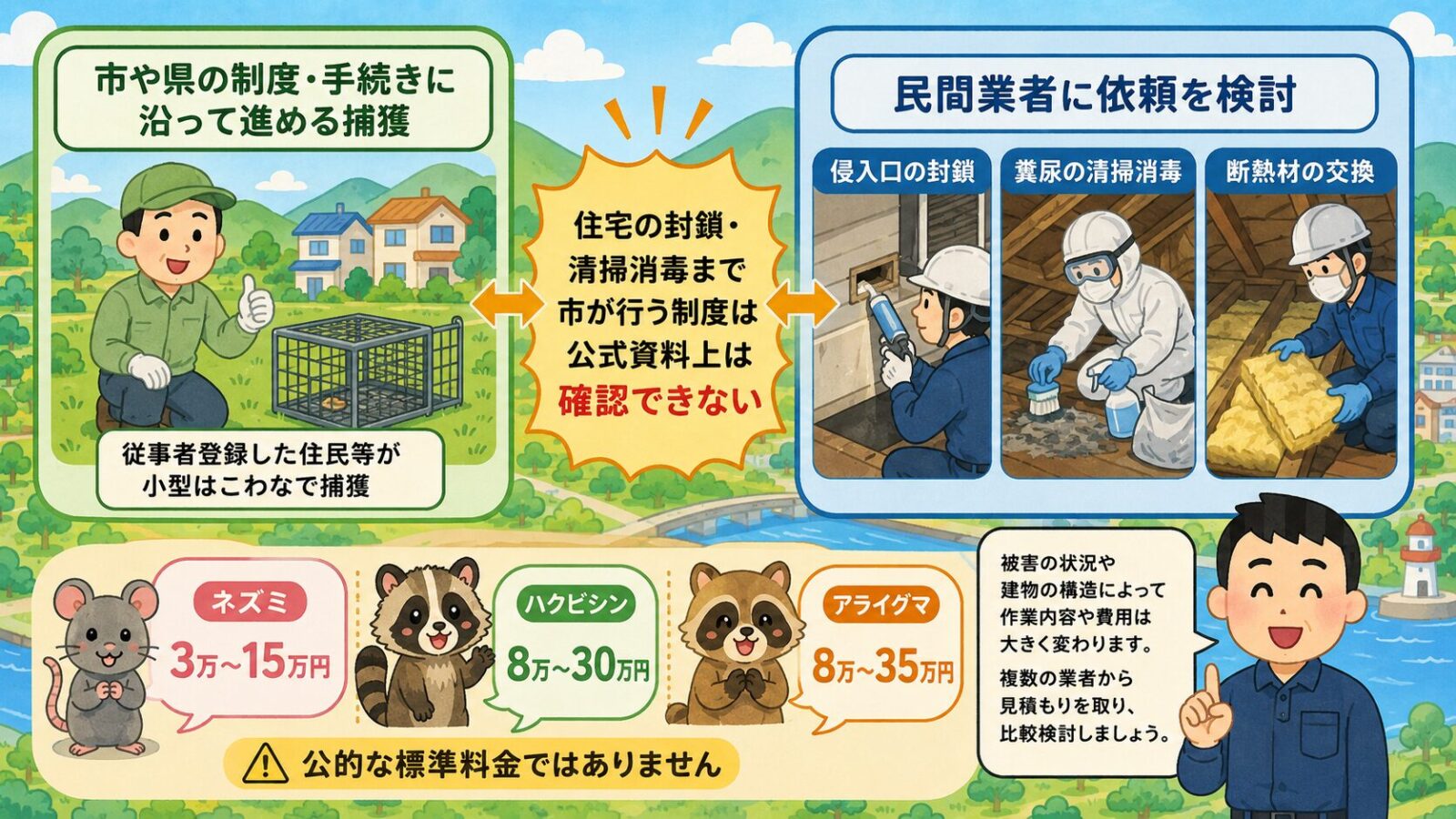 ひたちなか市で市の制度だけでは完結しない作業と費用相場を示す図。市や県の制度（捕獲や手続き）と民間業者（侵入口の封鎖・糞尿の清掃消毒・断熱材の交換）の役割分担を矢印でつなぎ、住宅の封鎖・清掃消毒まで市が行う制度は公式資料上は確認できないこと、費用は民間業者に依頼する場合の参考目安で公的な標準料金ではないことを注記するいらすとや風イラスト。