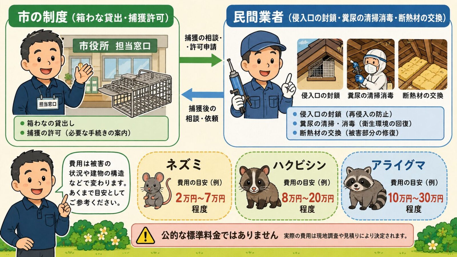 鹿沼市で市の制度だけでは完結しない作業と費用相場を示す図。市の制度(箱わな貸出・捕獲許可)と民間業者(侵入口の封鎖・糞尿の清掃消毒・断熱材の交換)の役割分担を矢印でつなぎ、費用は民間業者に依頼する場合の参考目安で公的な標準料金ではないと注記するいらすとや風イラスト。
