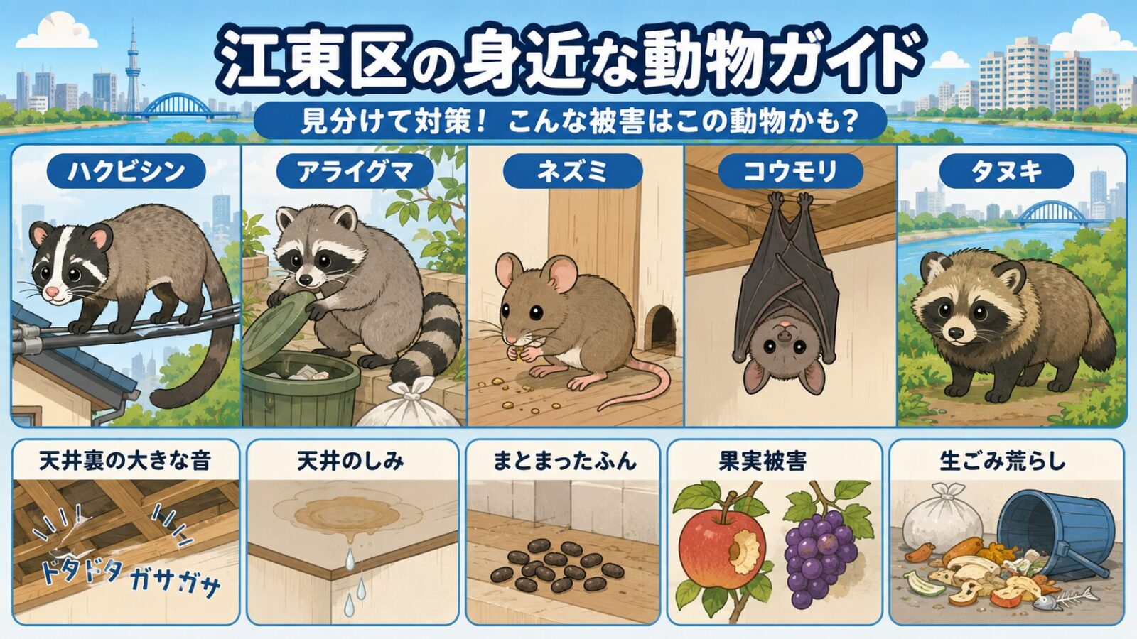 江東区で混同しやすいハクビシンとアライグマの特徴と被害サイン