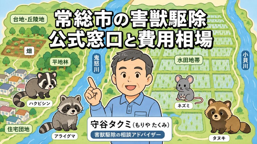 常総市害獣駆除 メインアイキャッチ のいらすとや風イラスト