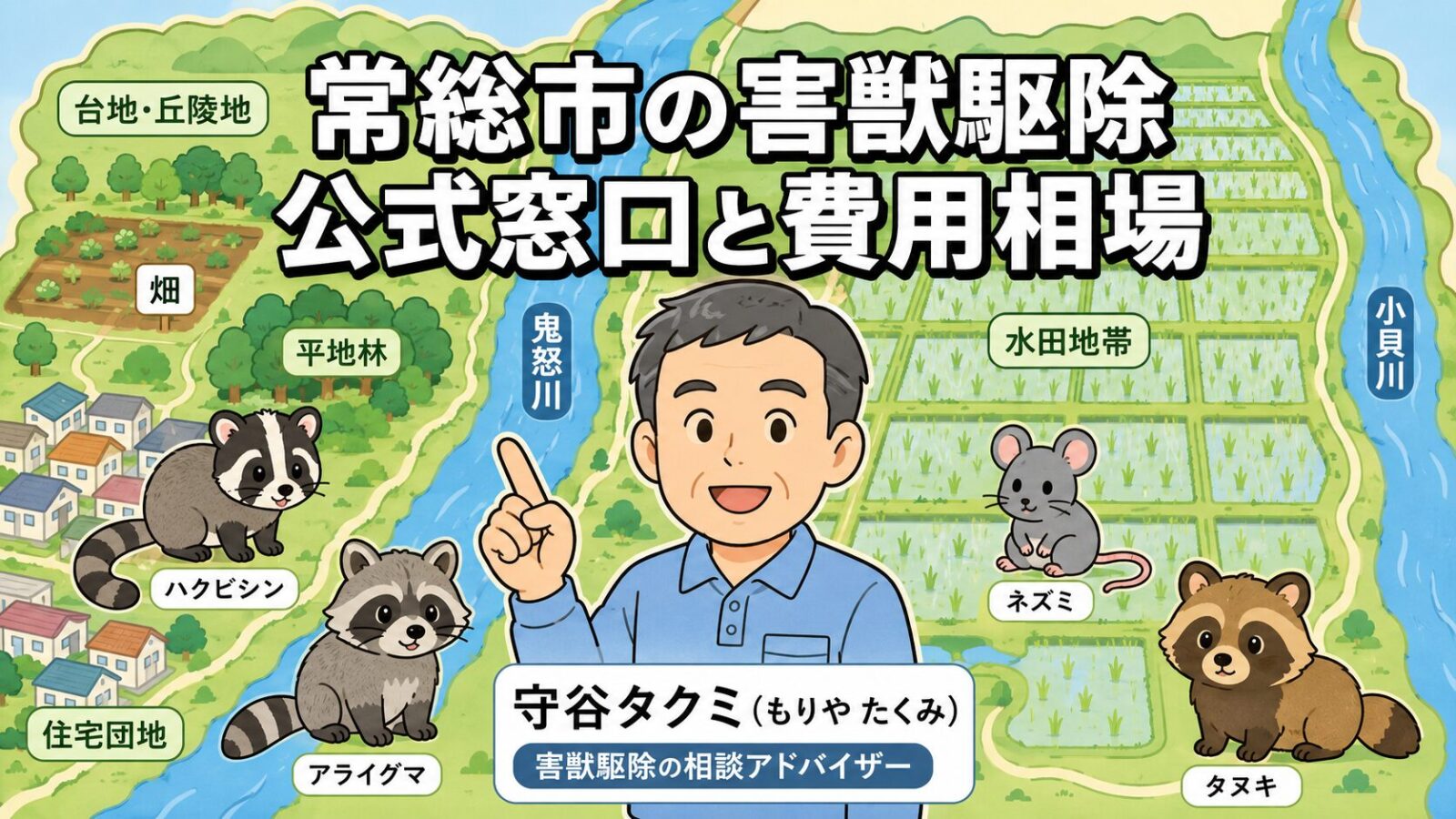 常総市害獣駆除 メインアイキャッチ のいらすとや風イラスト