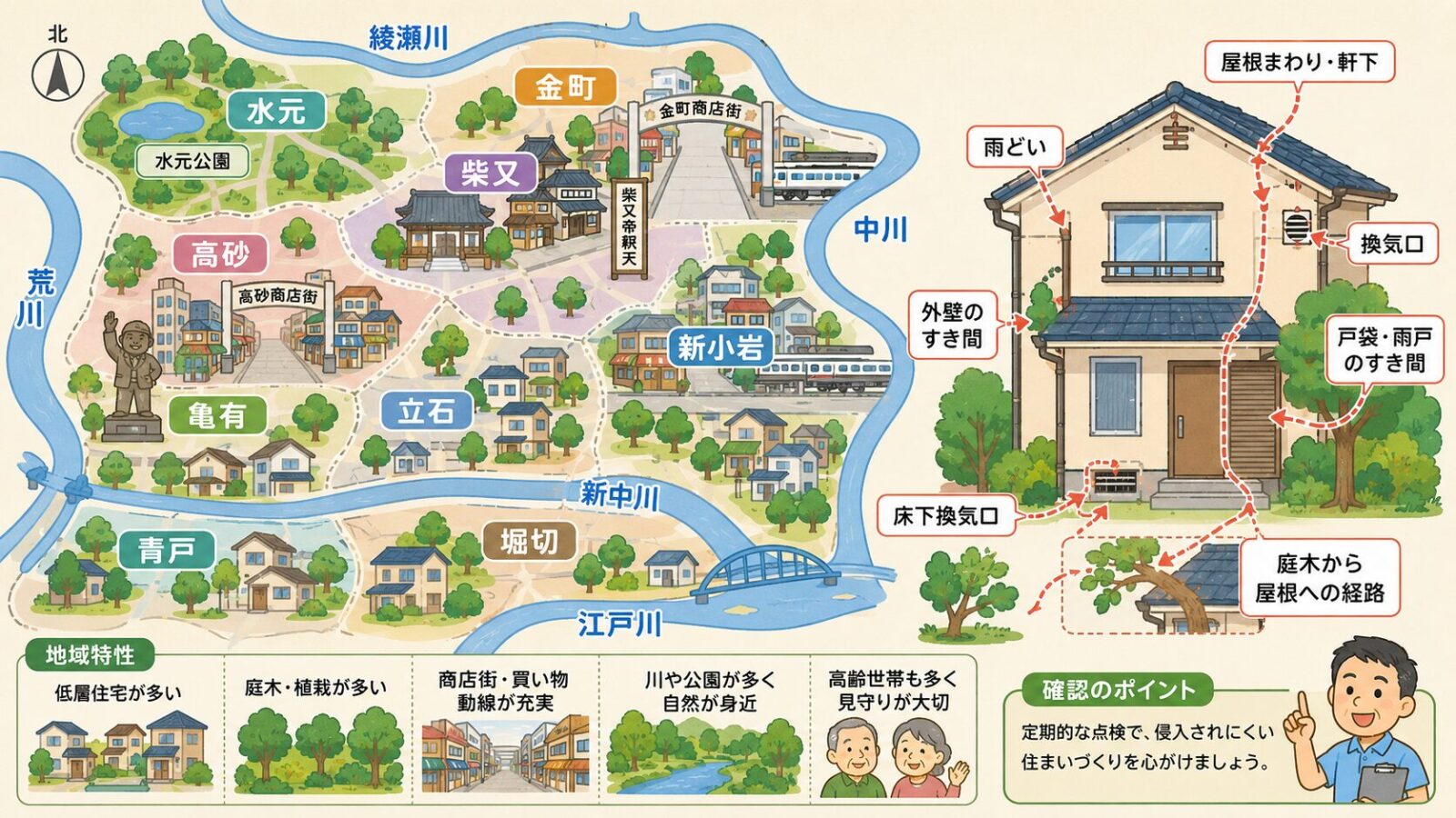 葛飾区の地域特性とハクビシンの侵入経路を示す模式マップ