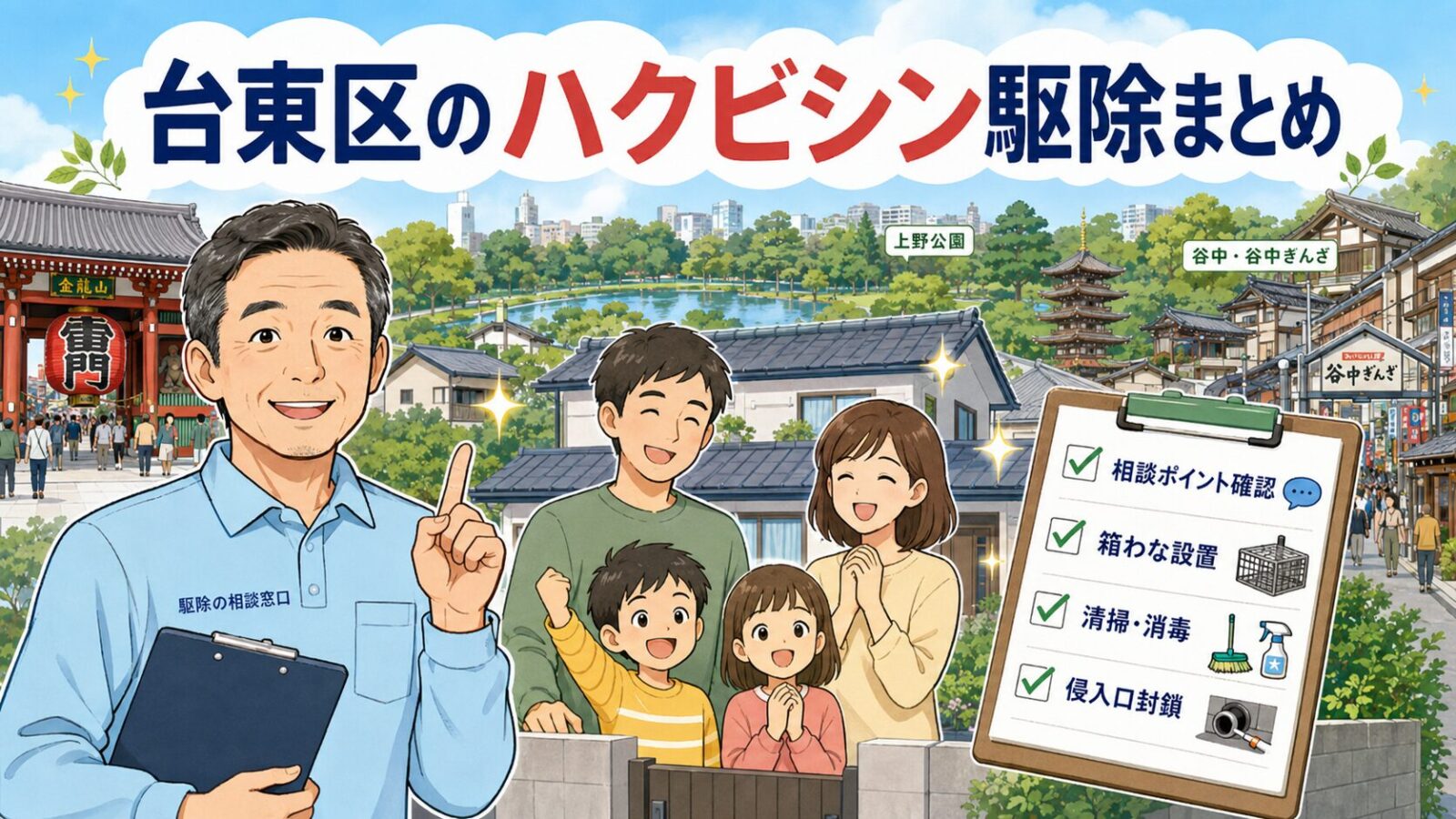 台東区のハクビシン被害が解決して安心した家族と守谷タクミを描いたまとめ画像
