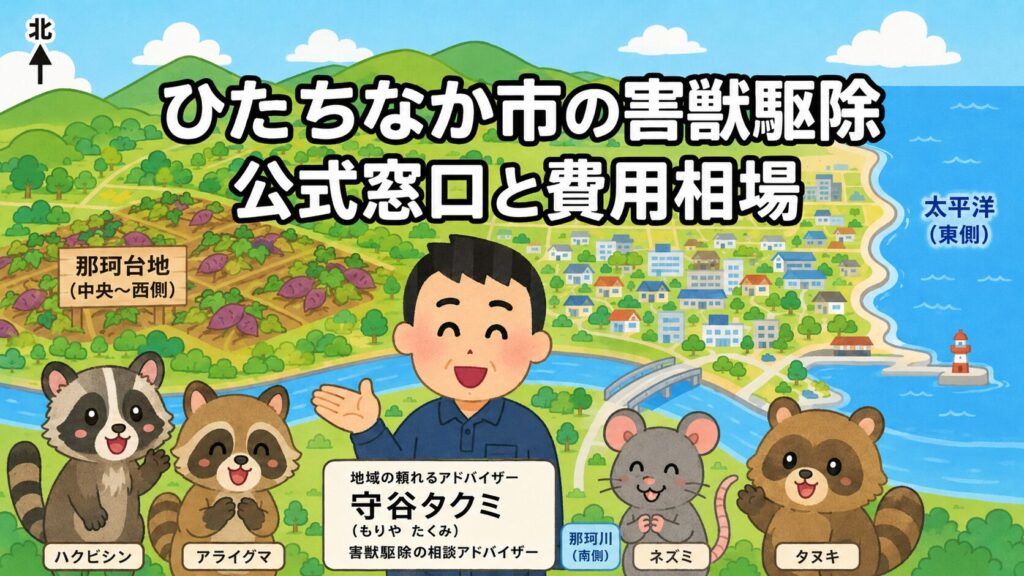 ひたちなか市害獣駆除 メインアイキャッチ のいらすとや風イラスト