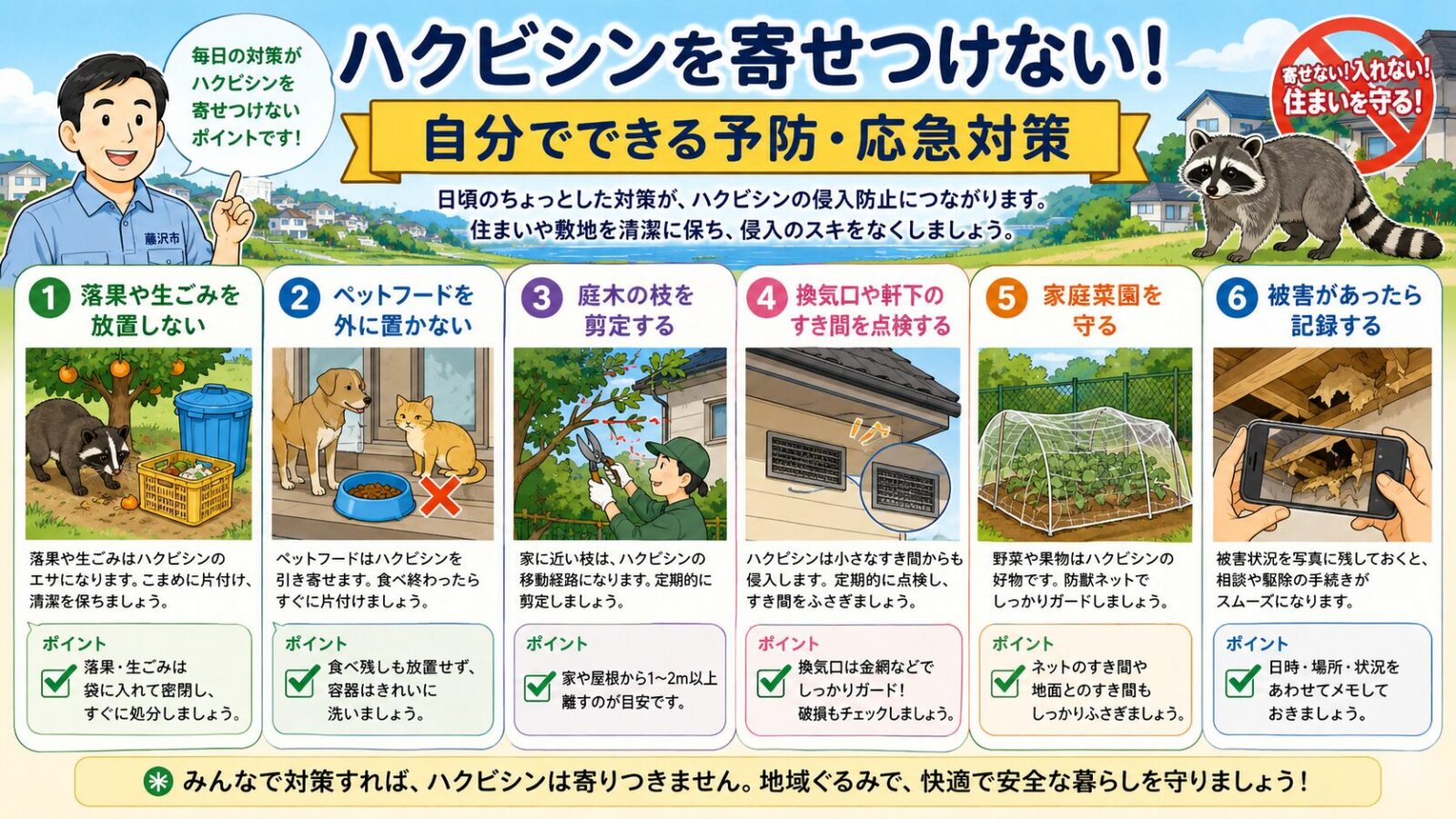 藤沢市の住宅で落果や生ごみの片付け、庭木剪定、換気口点検など自分でできるハクビシン予防策を描いたイラスト