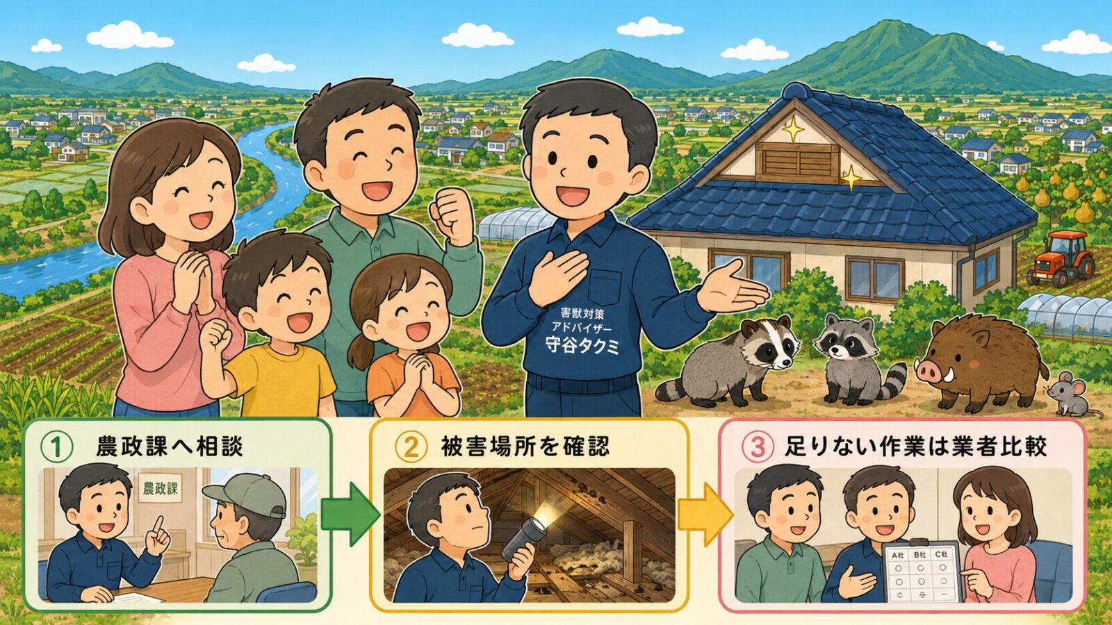 筑西市の害獣駆除は、農政課へ相談し、被害場所を確認し、足りない作業は業者比較で進める流れをまとめた図解