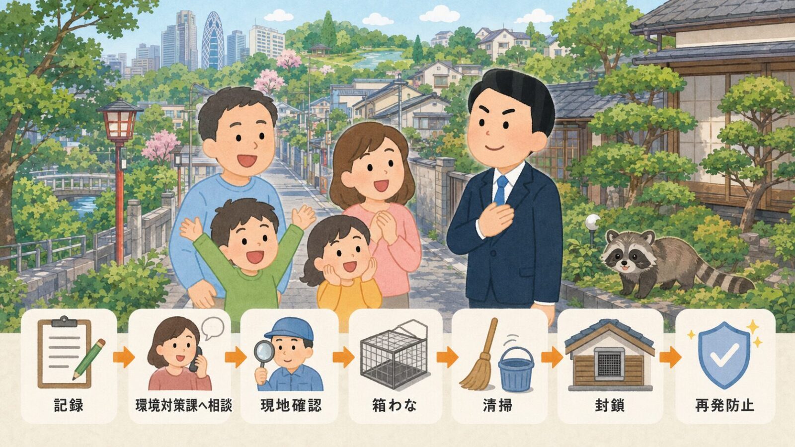 新宿区のハクビシン被害が解決して安心した家族と守谷タクミを描いたまとめ画像