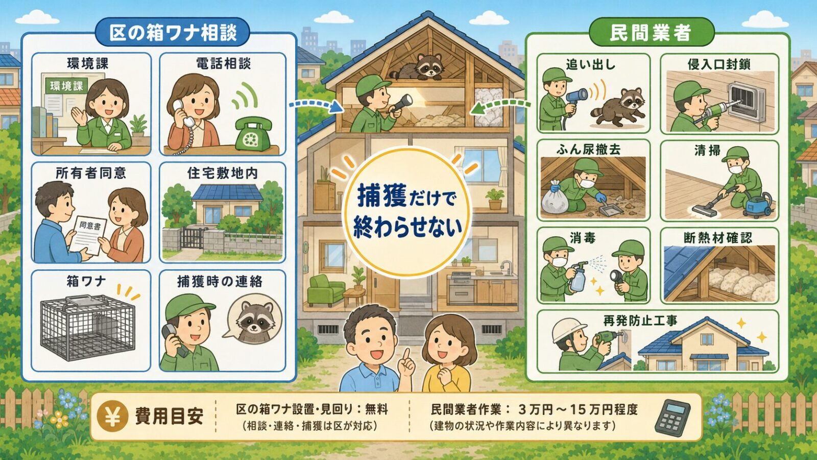 葛飾区の箱ワナ制度と民間業者作業の役割分担を示す図解