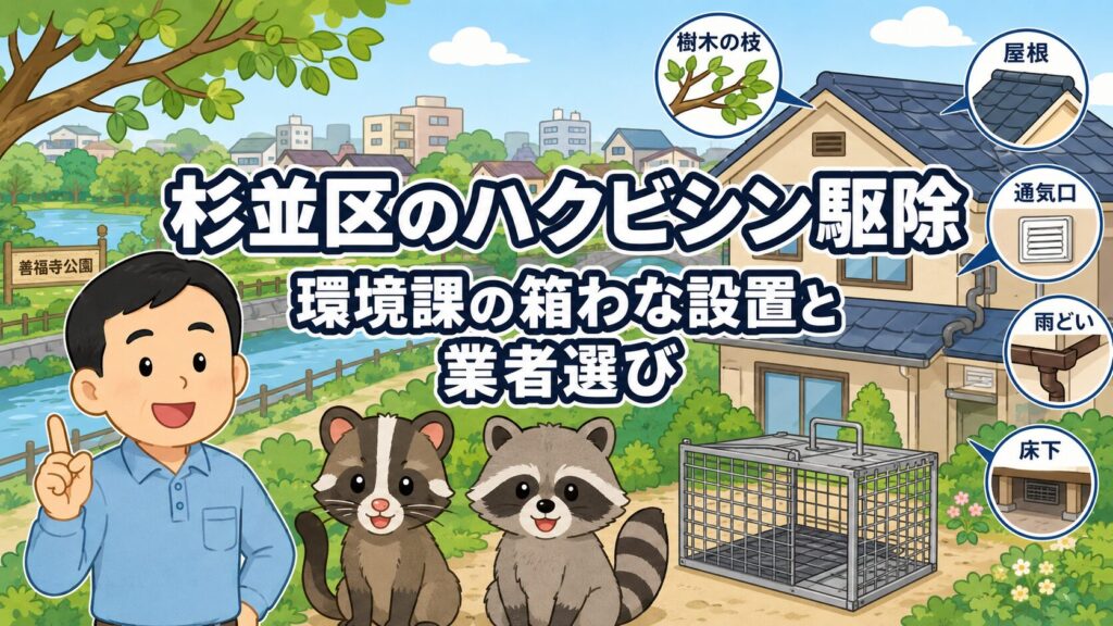 杉並区の住宅地と善福寺川沿いの緑を背景に守谷タクミとかわいいハクビシン、アライグマ、箱わなを描いたアイキャッチ画像